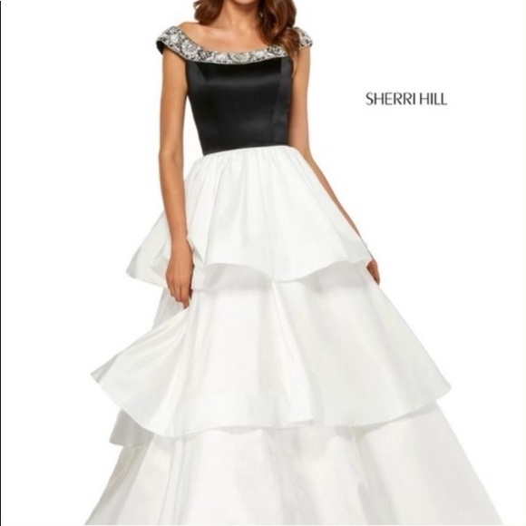 Sherri Hill layered taffeta ball gown with satin off the shoulder bodice. - Picture 2 of 3